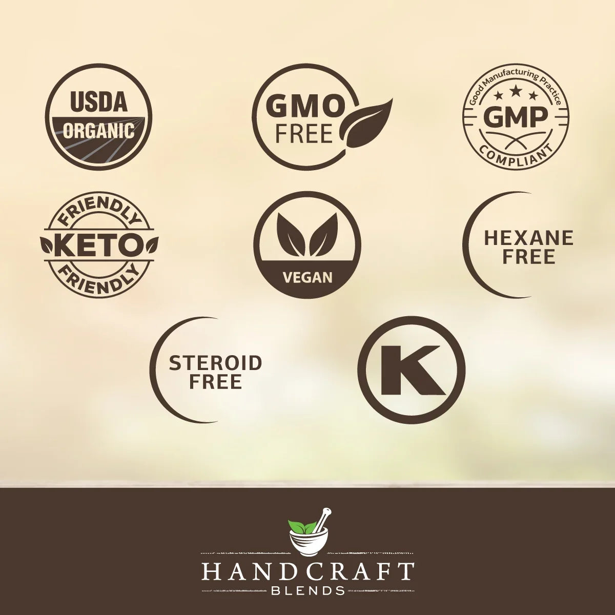 Icons for USDA organic, GMO free, GMP compliant, keto friendly, vegan, hexane free, steroid free, and kosher on a beige background.