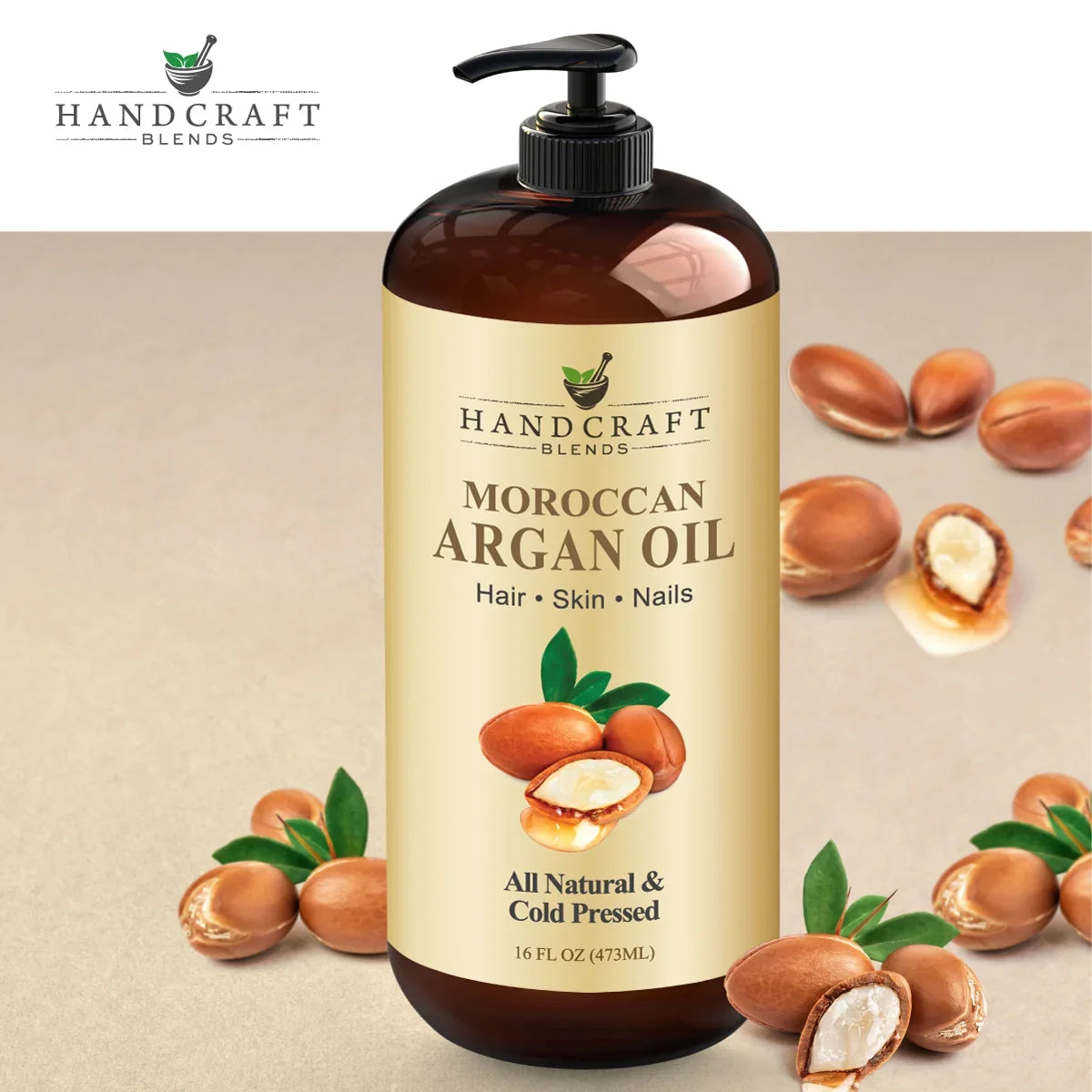 16oz Moroccan argan oil bottle with pump, argan nuts, for hair, skin, and nails
