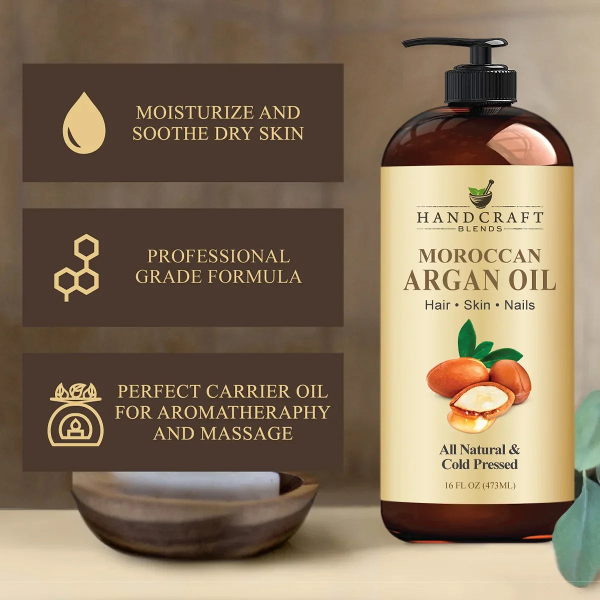 16oz bottle of Moroccan argan oil for hair, skin, nails; cold pressed, aromatherapy use.