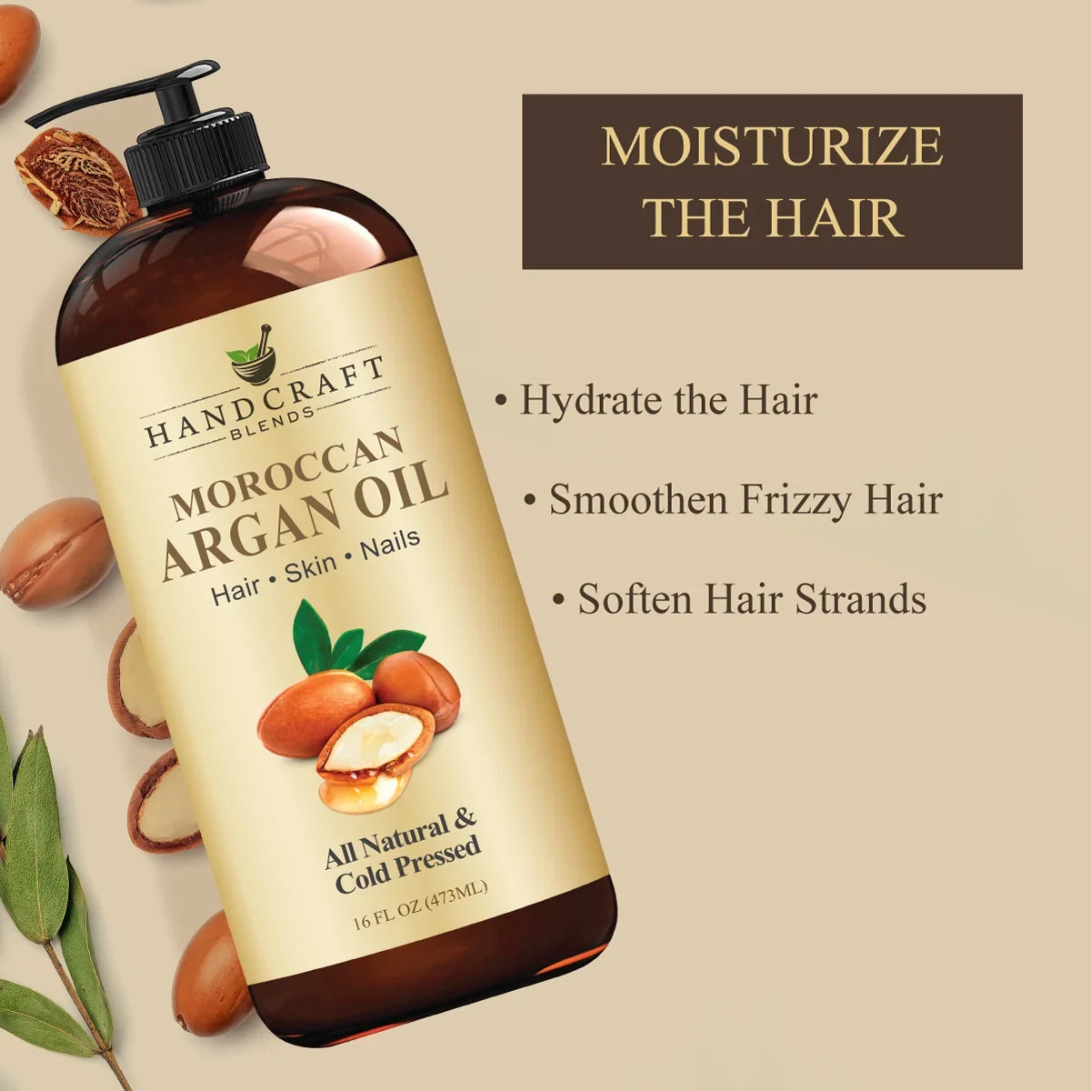 16oz bottle of Moroccan argan oil for hair, skin, nails with moisturizing benefits