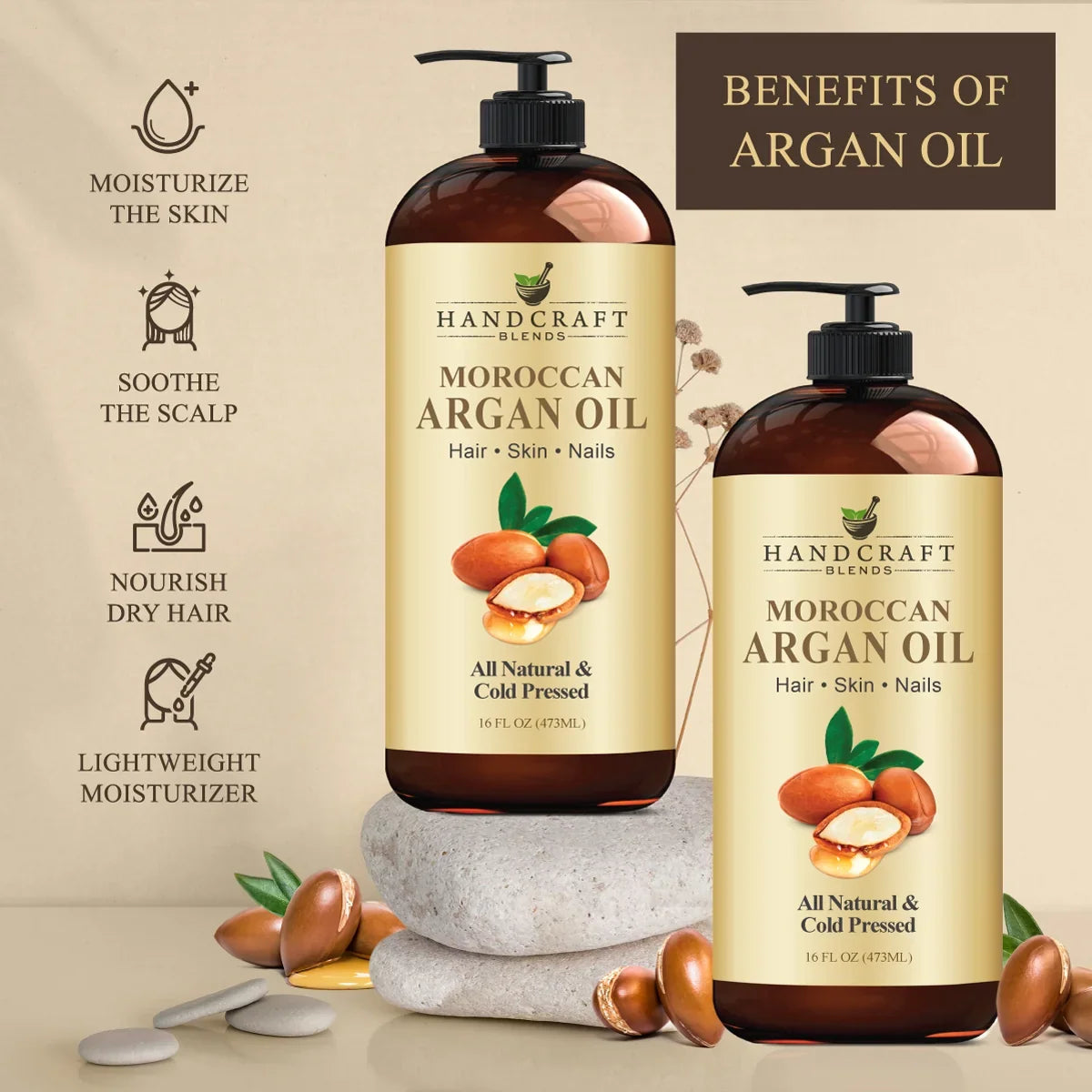 Moroccan argan oil bottles for hair, skin, nails with moisturizing and nourishing benefits