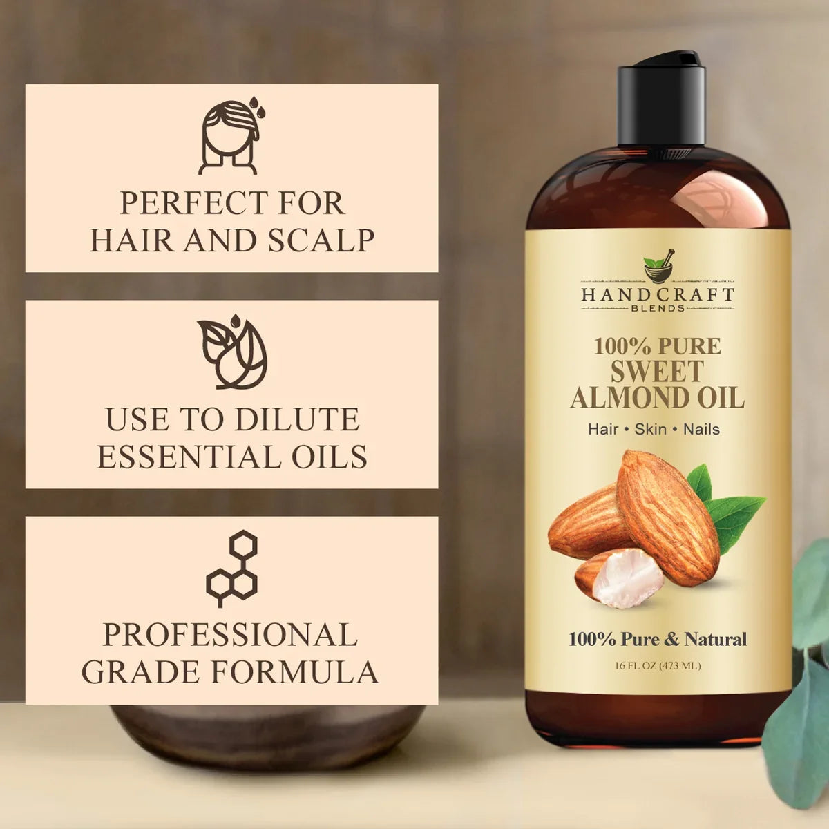 16oz bottle of sweet almond oil with almonds, labeled for hair, skin, and essential oil blending.