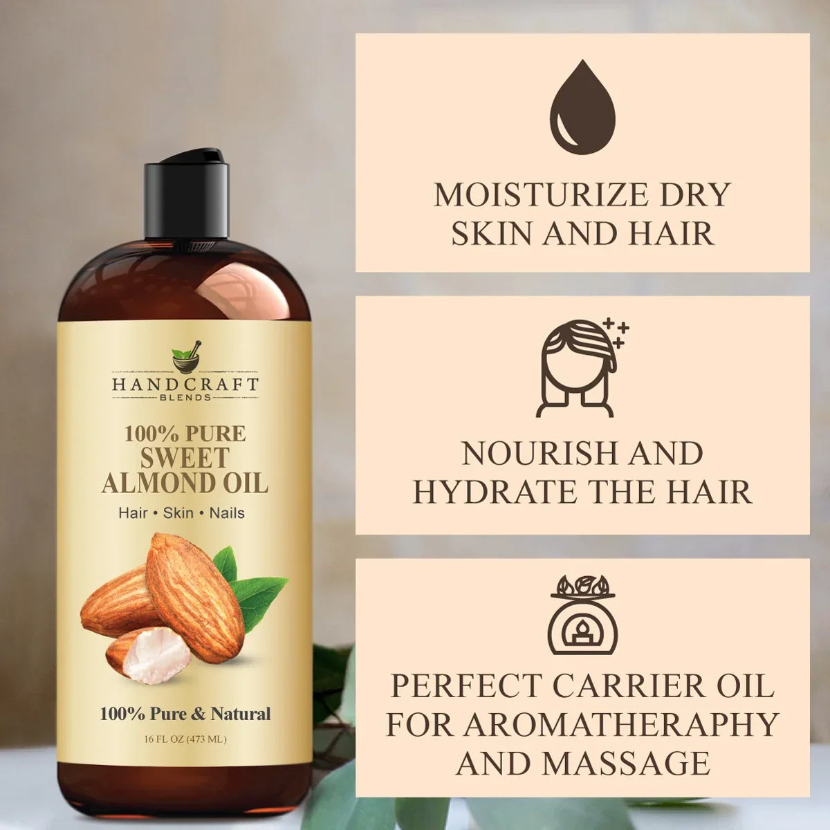 16oz bottle of 100% pure sweet almond oil for skin, hair, nails, aromatherapy and massage