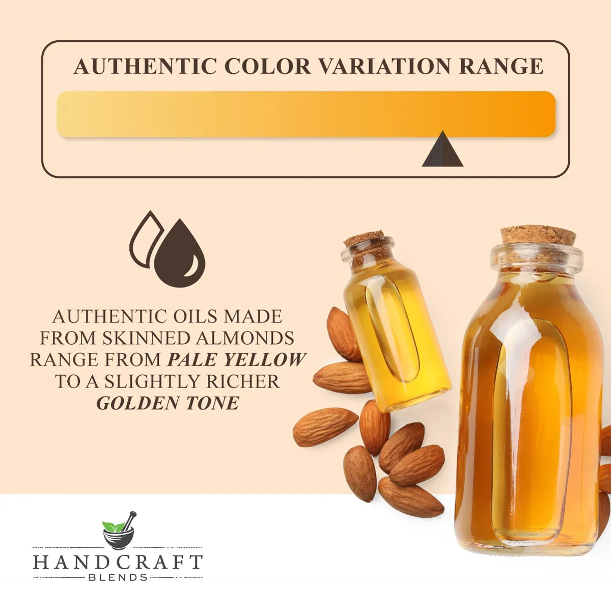 Sweet almond oil in glass bottles with almonds, showing pale yellow to golden color range.