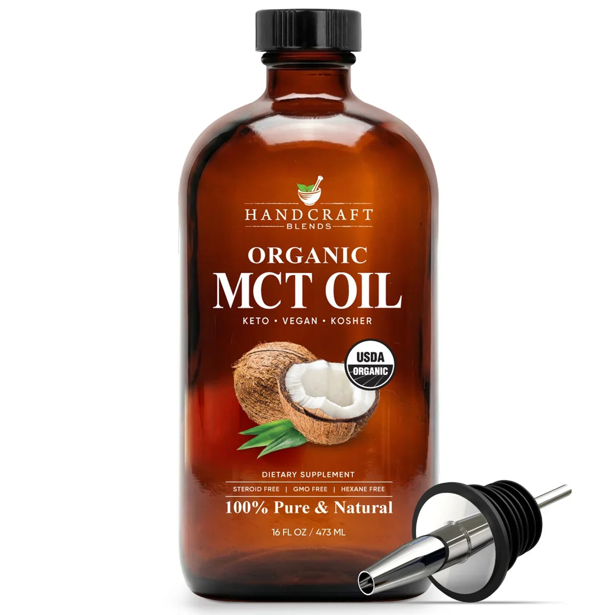 Amber bottle of organic MCT oil with coconut image and metal pour spout on white background