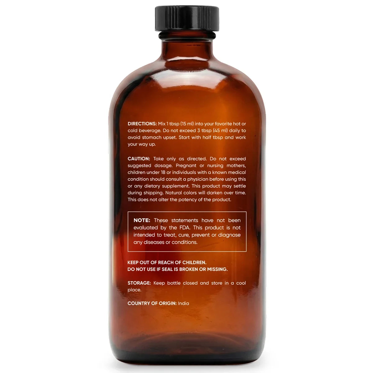 Amber glass bottle of organic MCT oil with dosage and caution details on the label, white background.