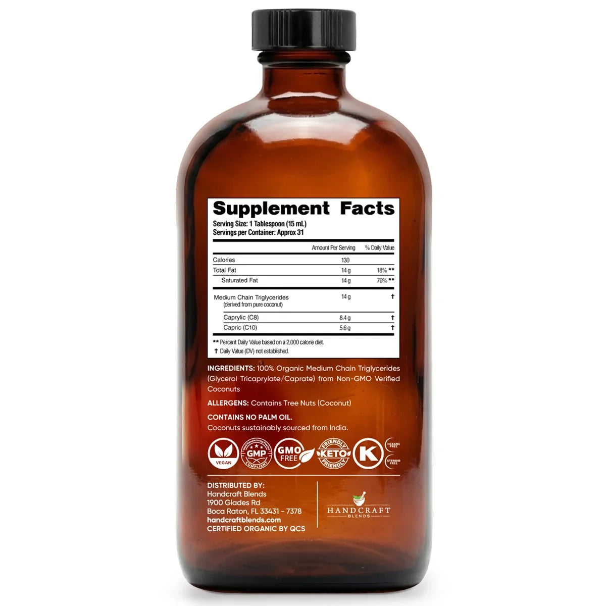 Amber glass bottle of organic MCT oil showing supplement facts and ingredient details.