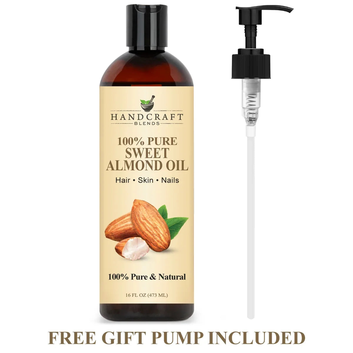 Sweet almond oil bottle for hair, skin, nails with almonds illustration and free pump included