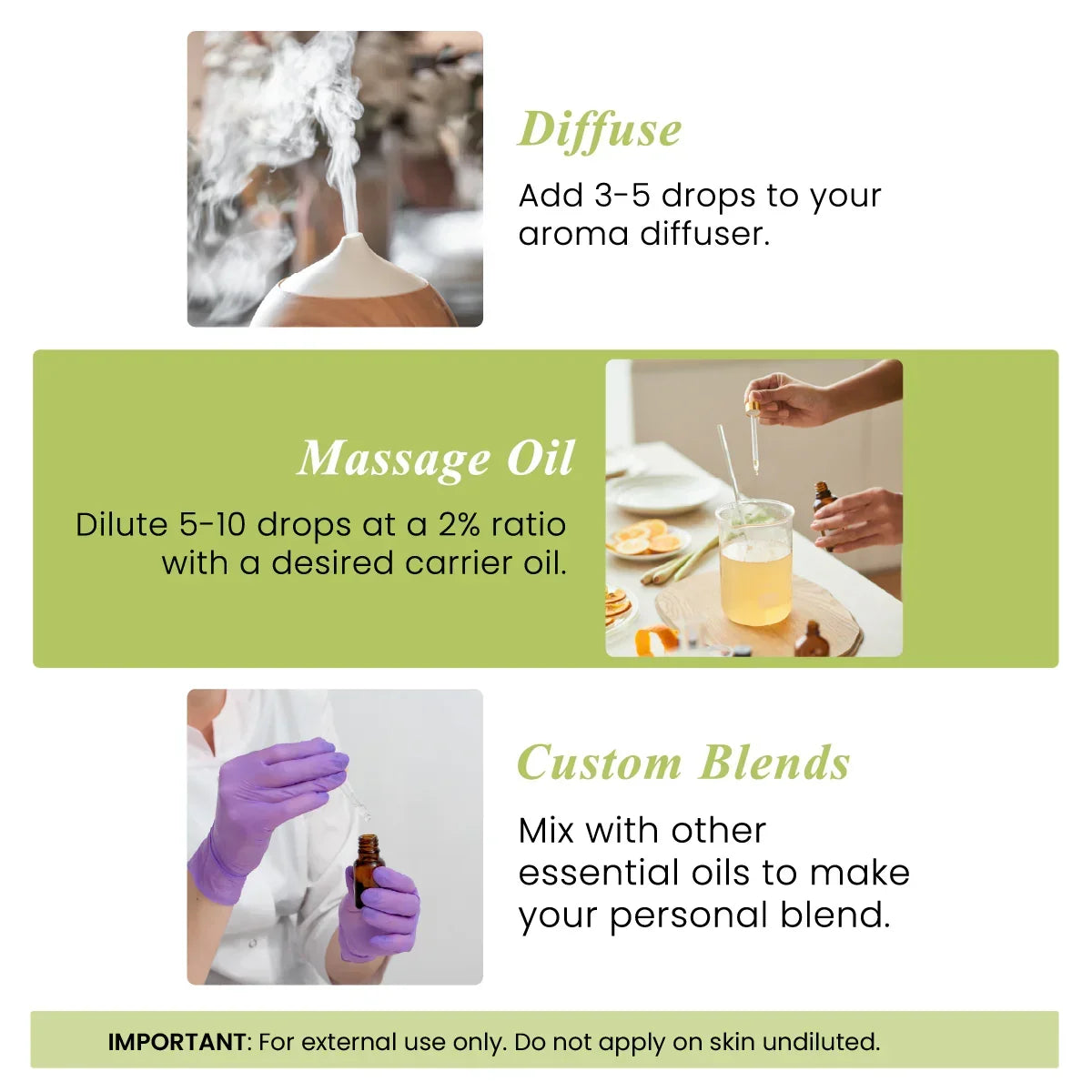 Essential oil usage instructions for diffusing, massage oil dilution, and custom blends with dropper visuals.