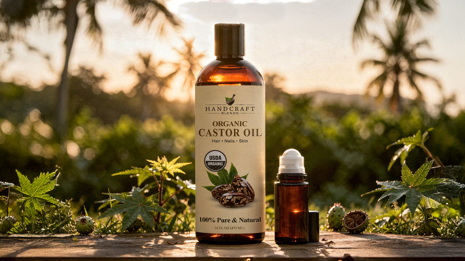 Organic castor oil bottle and roller with natural plants outdoors at sunset