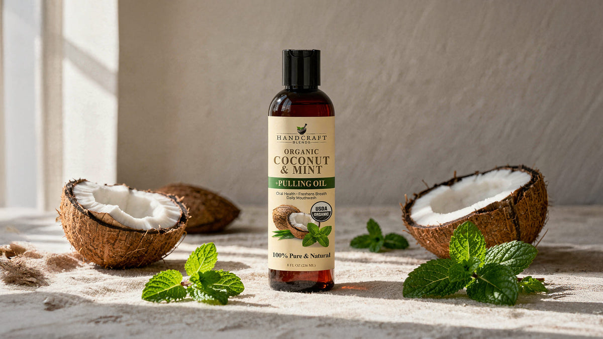 Bottle of organic coconut and mint pulling oil on a bathroom shelf beside a small glass cup and folded towel