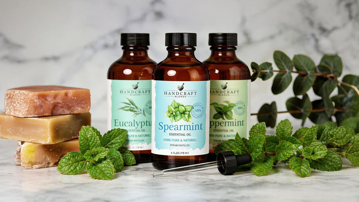 Green and white swirled handmade soap bars with fresh mint leaves, eucalyptus sprigs, and essential oil bottles