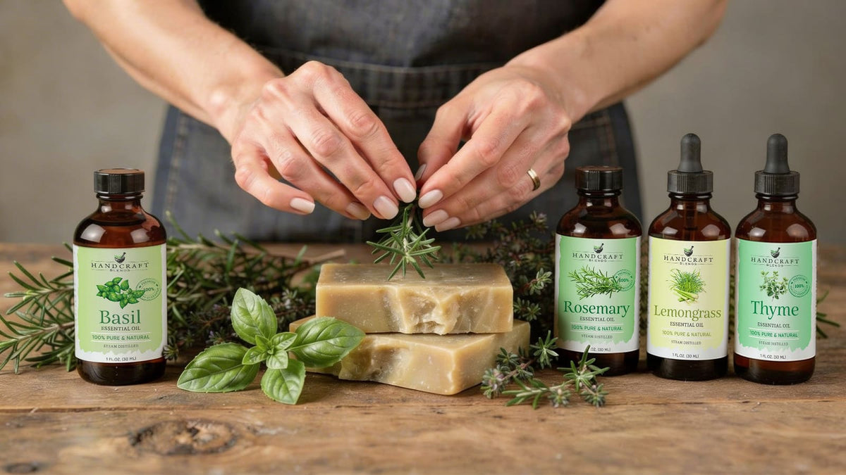 Green herbal soap bars topped with rosemary sprigs beside fresh basil, thyme, lemongrass, and amber essential oil bottles