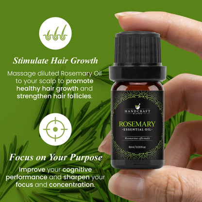 Hand holding 10ml rosemary essential oil bottle for hair growth and cognitive focus, green background.