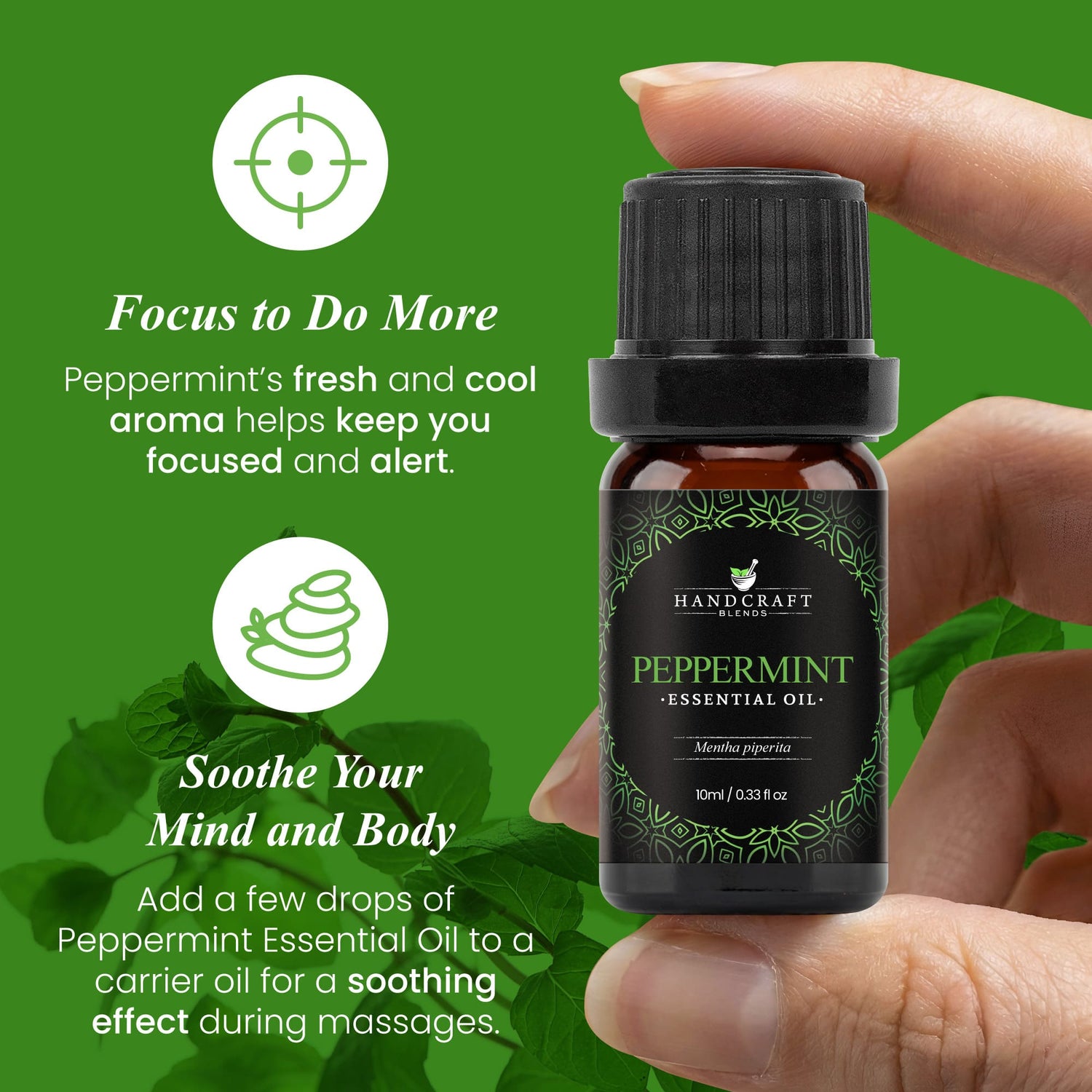 Hand holding a bottle of peppermint essential oil, green background, focus and soothing massage benefits highlighted.