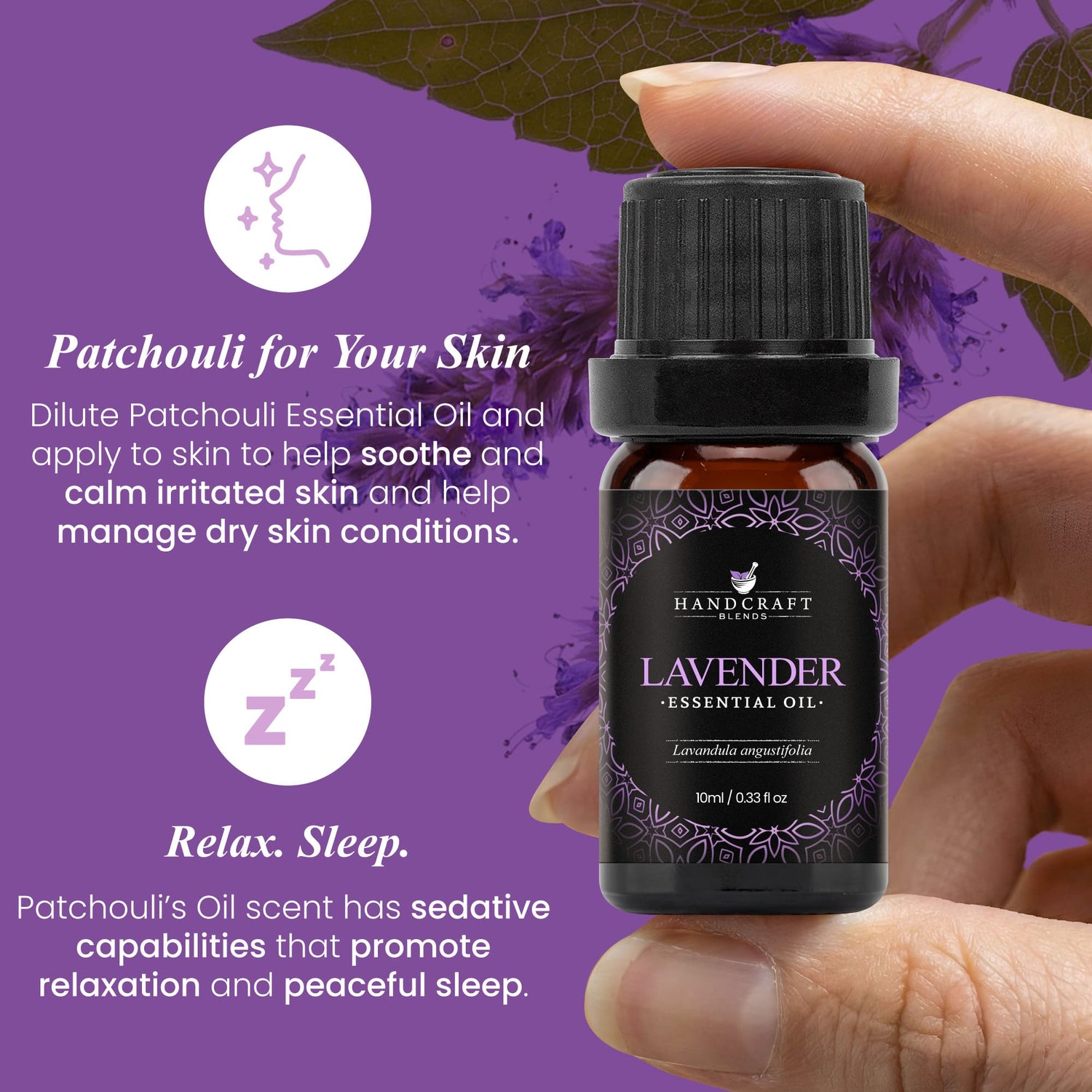 Hand holding a 0.33 oz bottle of lavender essential oil with text on soothing skin and promoting sleep.