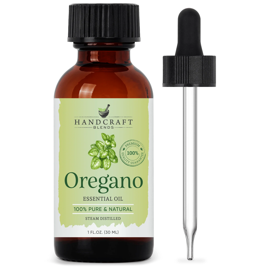 Amber glass bottle of oregano essential oil with dropper, labeled 100% pure and natural.