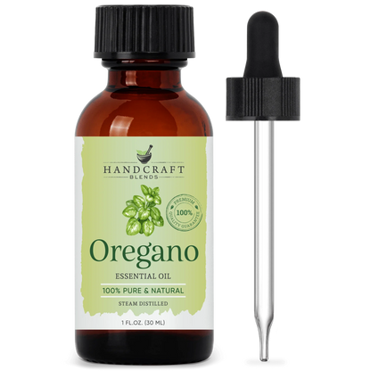 Amber glass bottle of oregano essential oil with dropper, labeled 100% pure and natural.