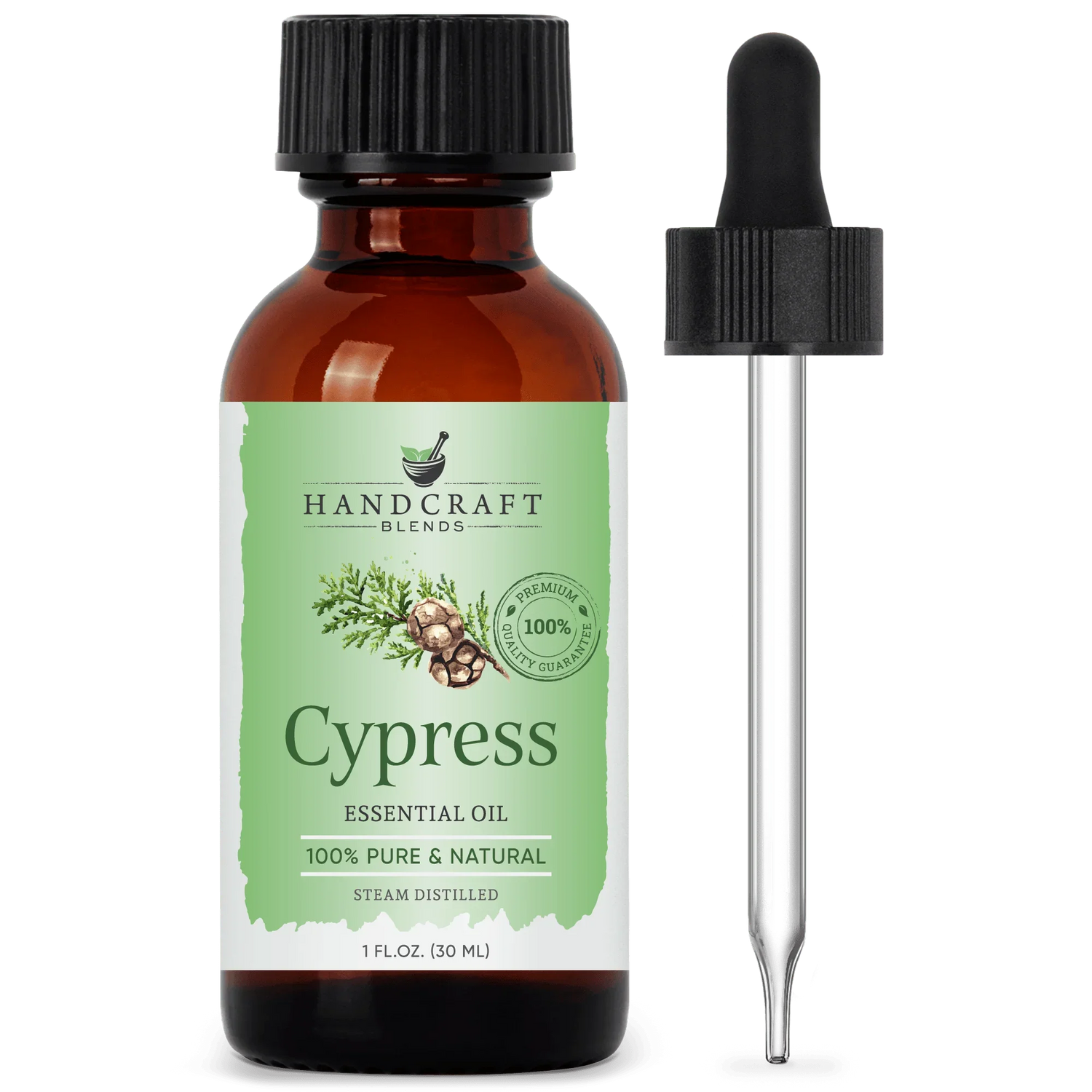 Cypress essential oil 1 oz amber bottle with dropper, pure natural aromatherapy.