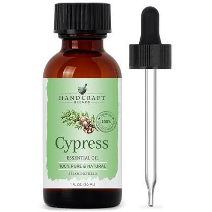Cypress essential oil 1 oz amber bottle with dropper, pure natural aromatherapy.