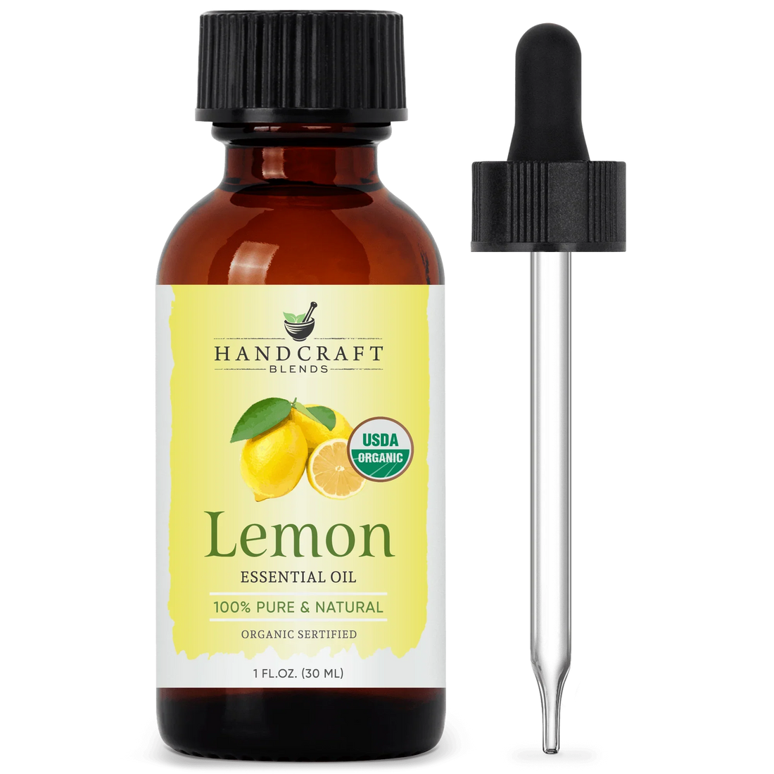 Lemon essential oil bottle with dropper, organic label, and lemon fruit illustration