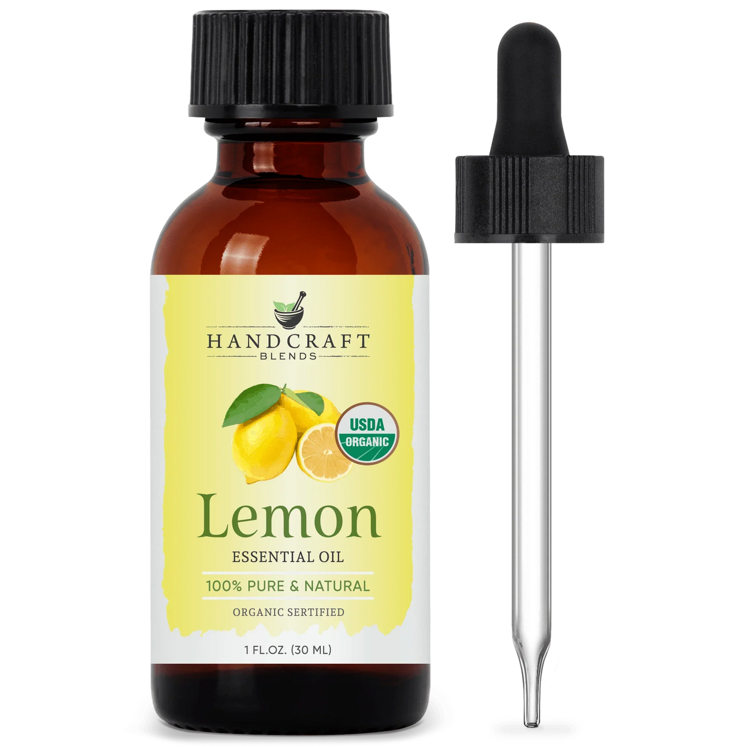 Lemon essential oil bottle with dropper, organic label, and lemon fruit illustration