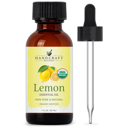 Lemon essential oil bottle with dropper, organic label, and lemon fruit illustration