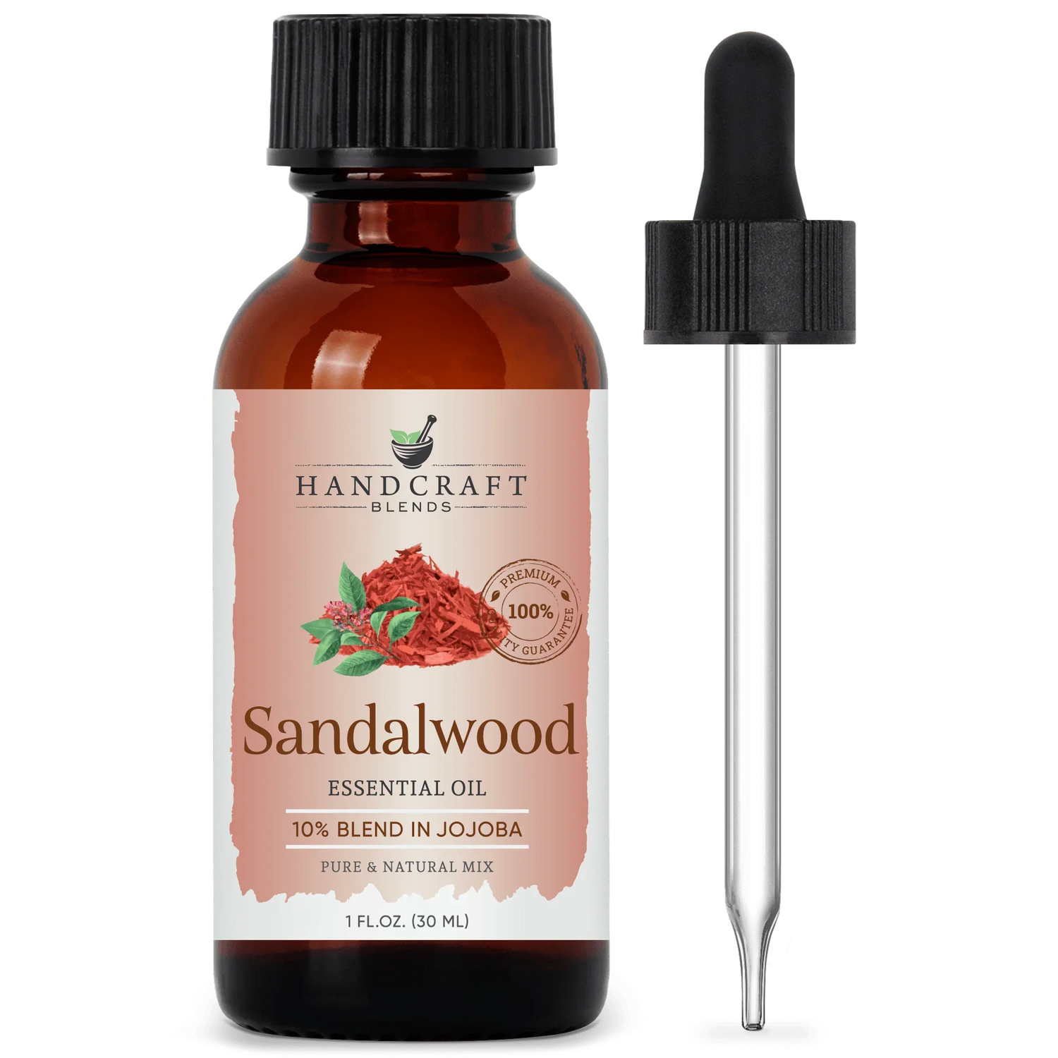 Sandalwood essential oil 1oz amber bottle with dropper, 10% blend in jojoba