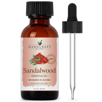 Sandalwood essential oil 1oz amber bottle with dropper, 10% blend in jojoba
