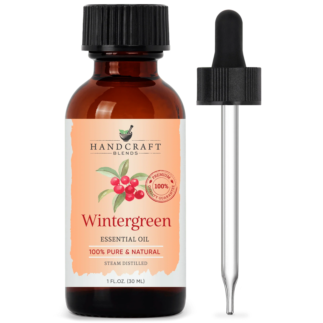 Wintergreen essential oil bottle with dropper, 1 oz amber glass, aromatherapy product
