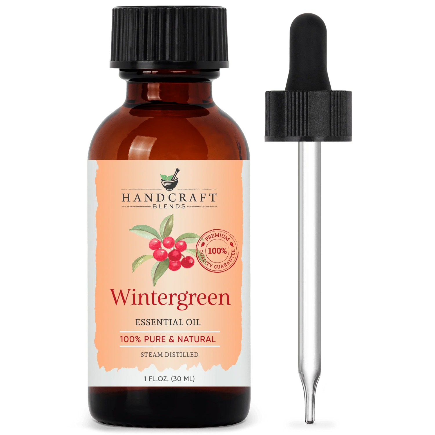 Wintergreen essential oil bottle with dropper, 1 oz amber glass, aromatherapy product