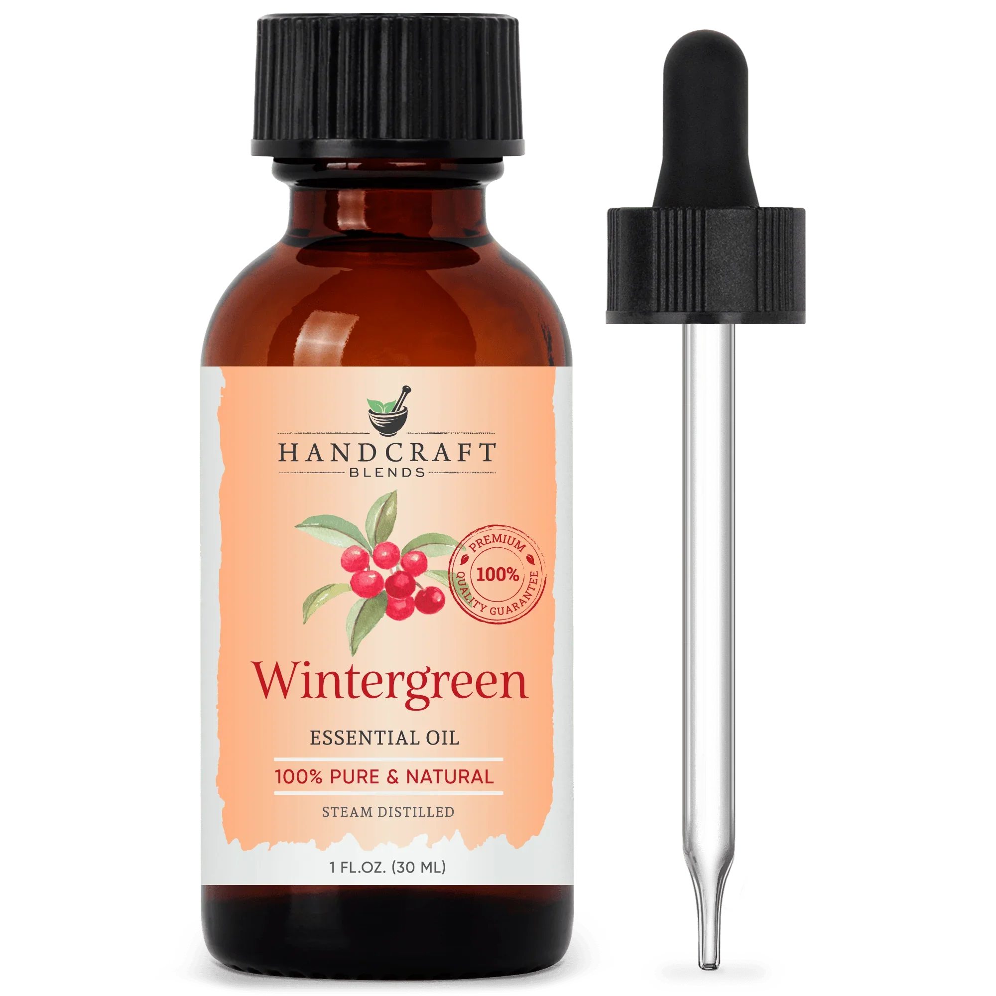 Wintergreen essential oil bottle with dropper, 1 oz amber glass, aromatherapy product