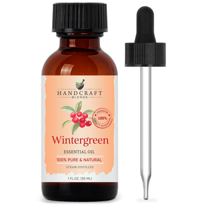 Wintergreen essential oil bottle with dropper, 1 oz amber glass, aromatherapy product