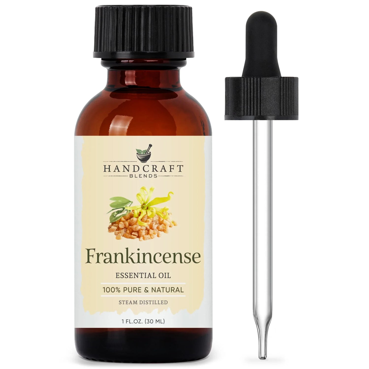 Amber bottle of frankincense essential oil with dropper, 1 oz size, for aromatherapy use