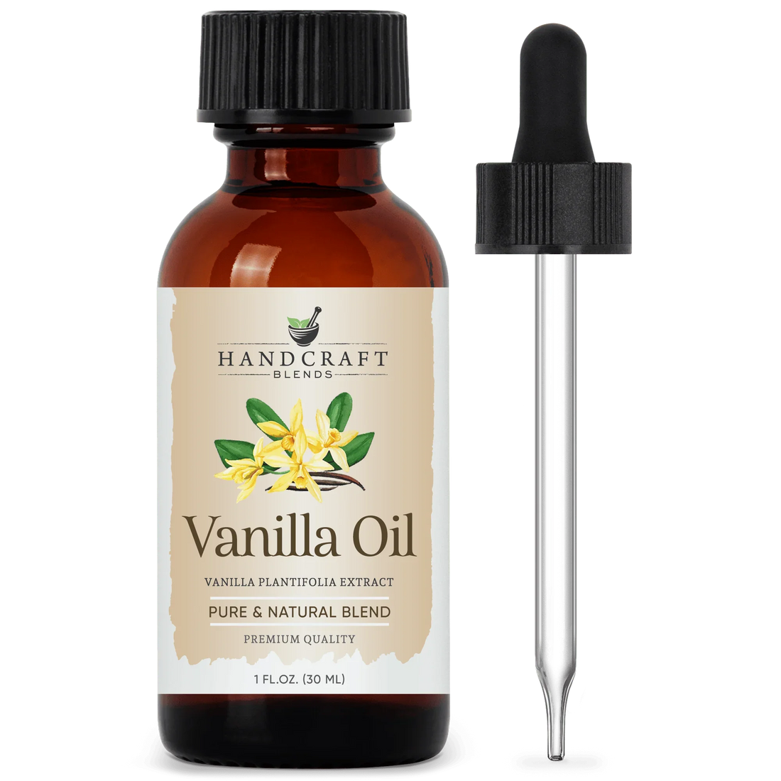 Amber bottle labeled Vanilla Oil with vanilla flowers and dropper for aromatherapy