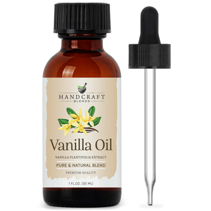 Amber bottle labeled Vanilla Oil with vanilla flowers and dropper for aromatherapy