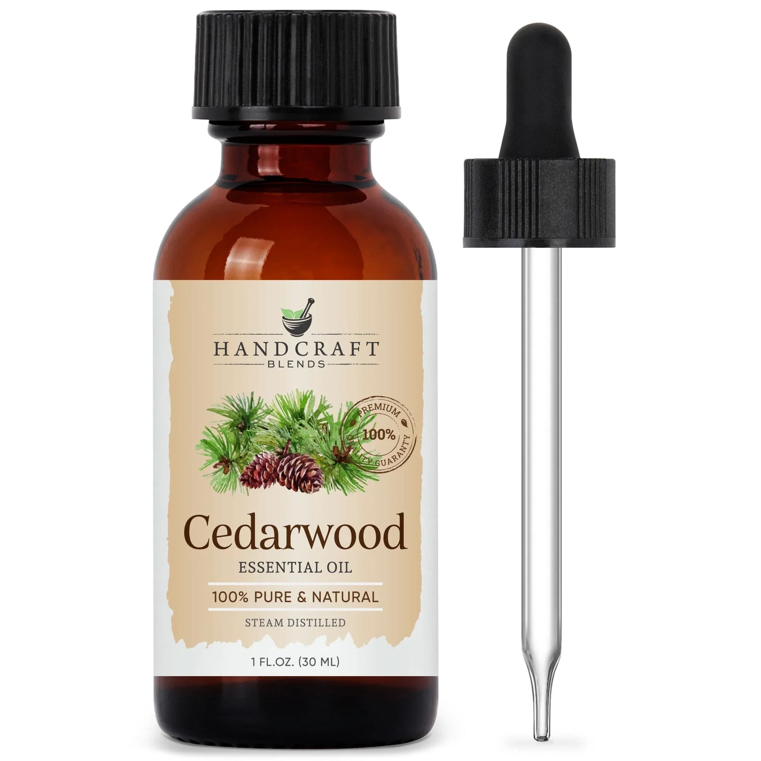 Amber bottle of cedarwood essential oil with dropper, labeled 100% pure and natural, 1 oz.