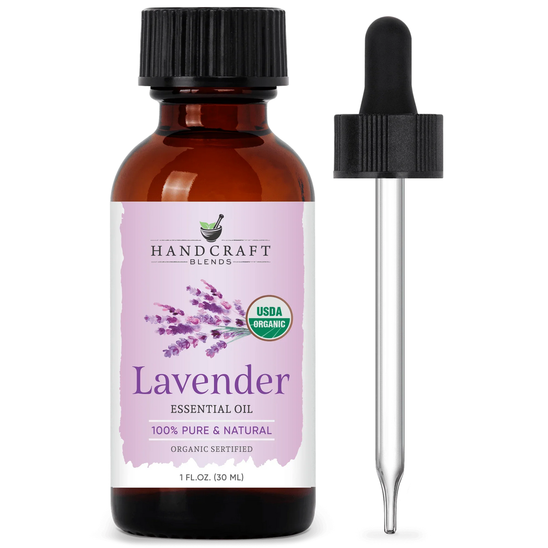 Lavender essential oil bottle with dropper, USDA organic, 1 oz, for aromatherapy