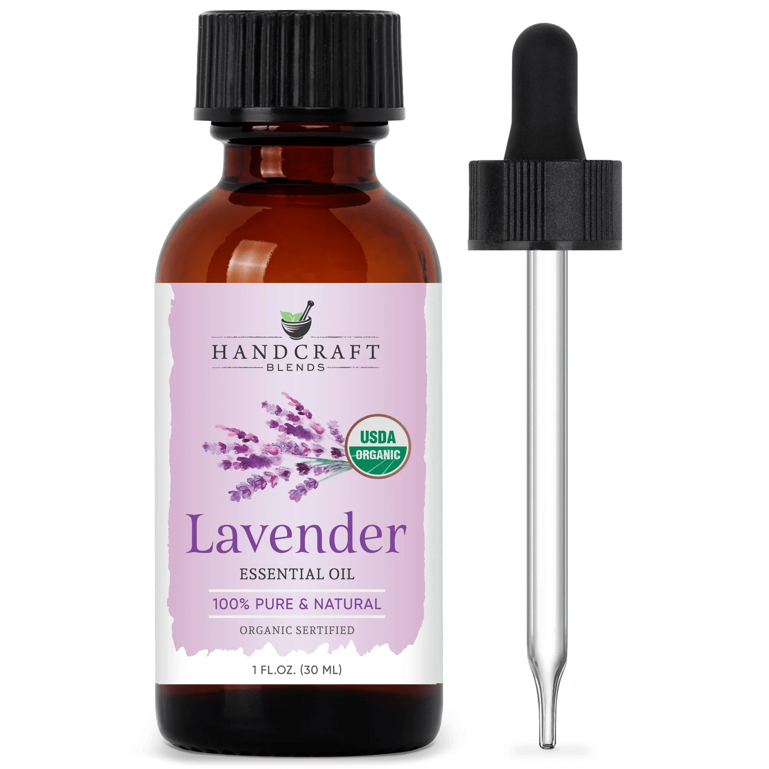 Lavender essential oil bottle with dropper, USDA organic, 1 oz, for aromatherapy