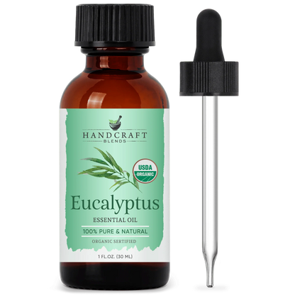 Amber bottle of organic eucalyptus essential oil with dropper, 1 oz, for aromatherapy
