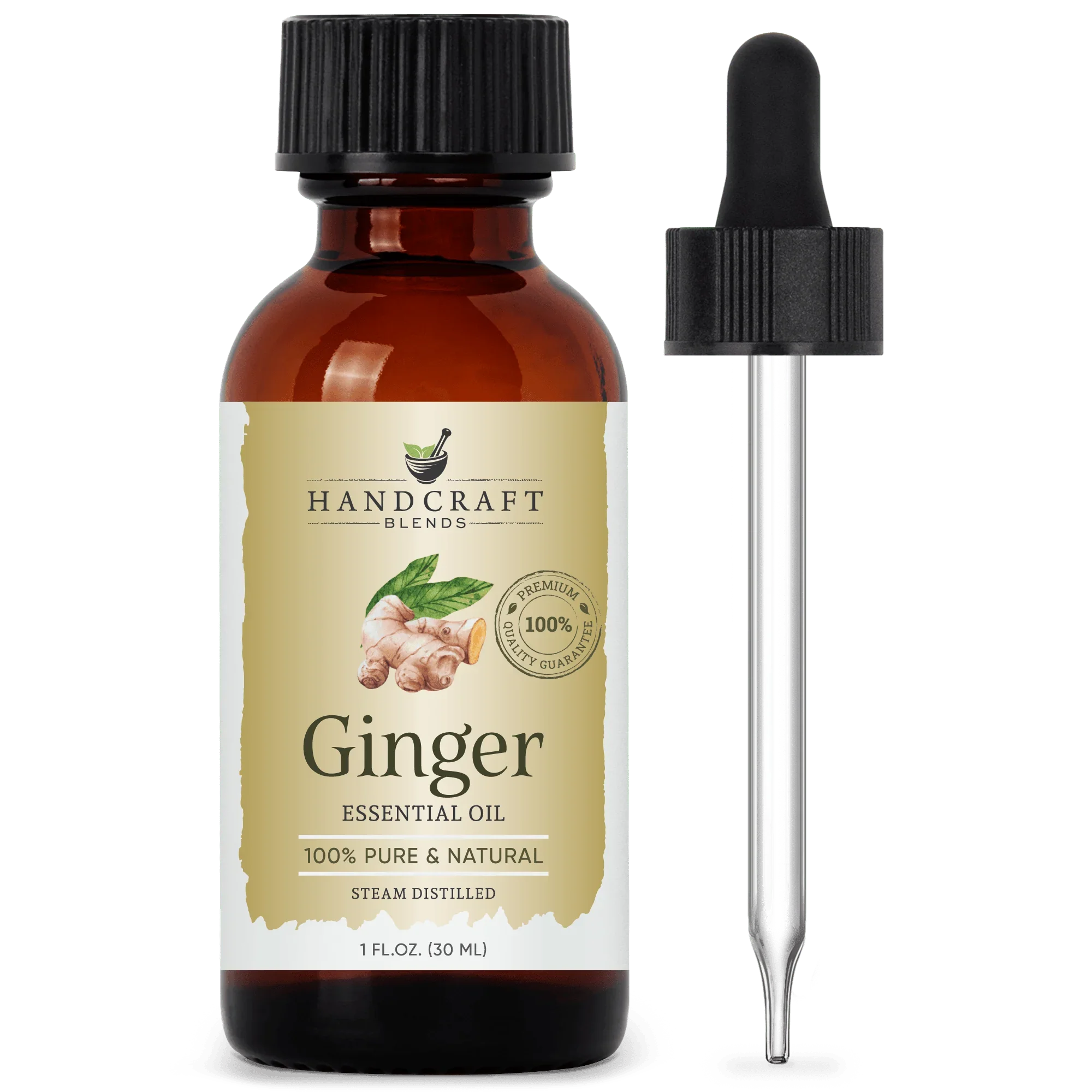Ginger essential oil bottle with dropper, 100% pure and natural, 1 oz, steam distilled.