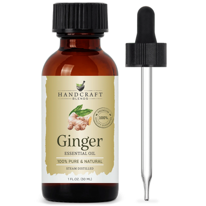 Ginger essential oil bottle with dropper, 100% pure and natural, 1 oz, steam distilled.