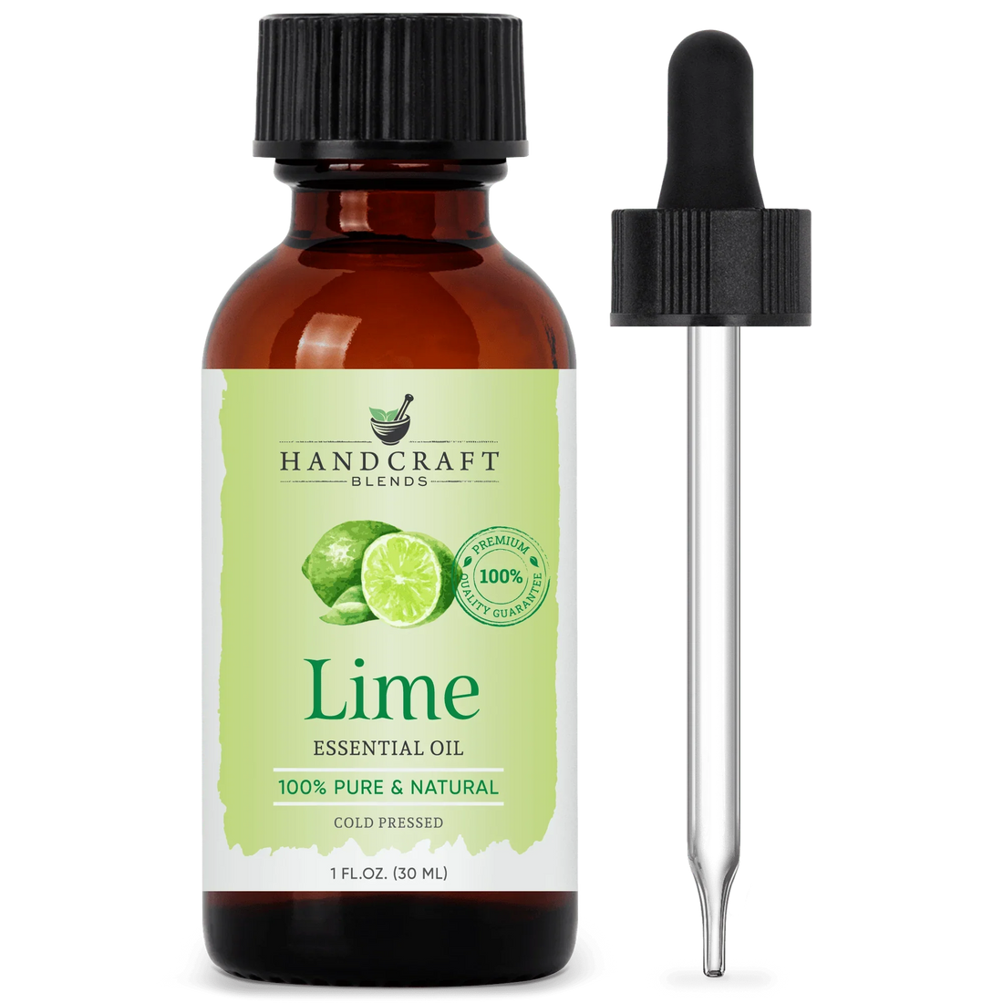 Lime essential oil bottle with dropper, labeled 100% pure and natural, 1 fl oz size