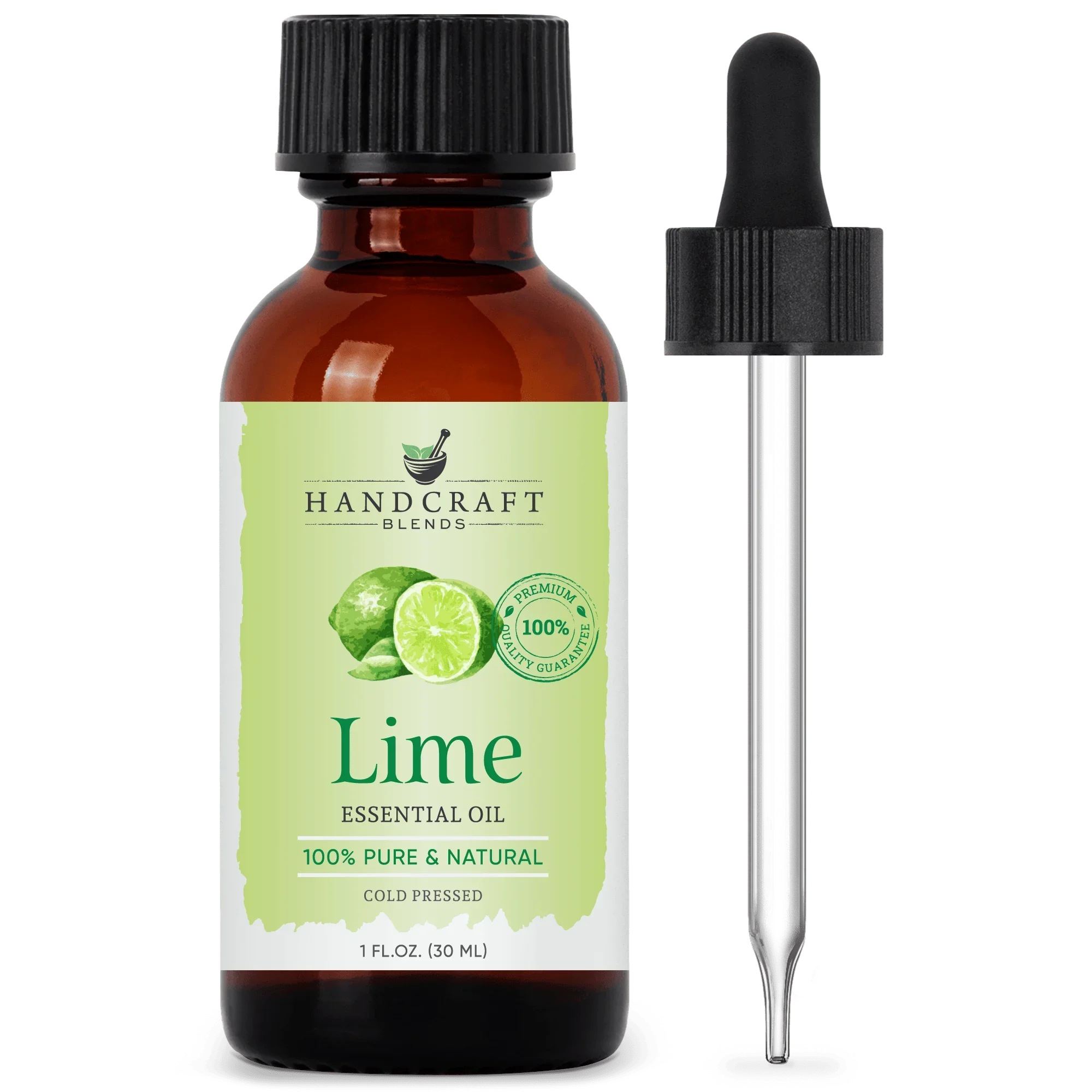 Lime essential oil bottle with dropper, labeled 100% pure and natural, 1 fl oz size