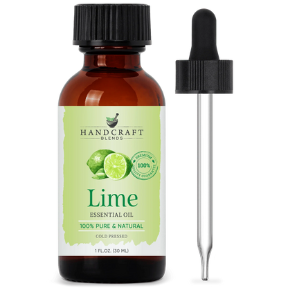 Lime essential oil bottle with dropper, labeled 100% pure and natural, 1 fl oz size