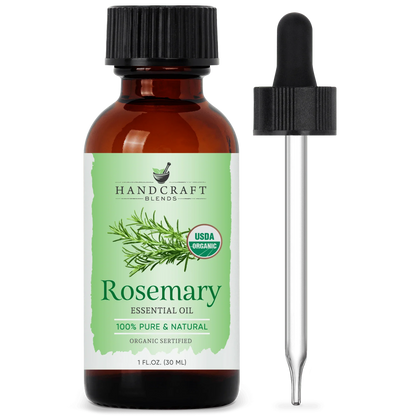 Amber bottle of organic rosemary essential oil with dropper, 1 oz, green label