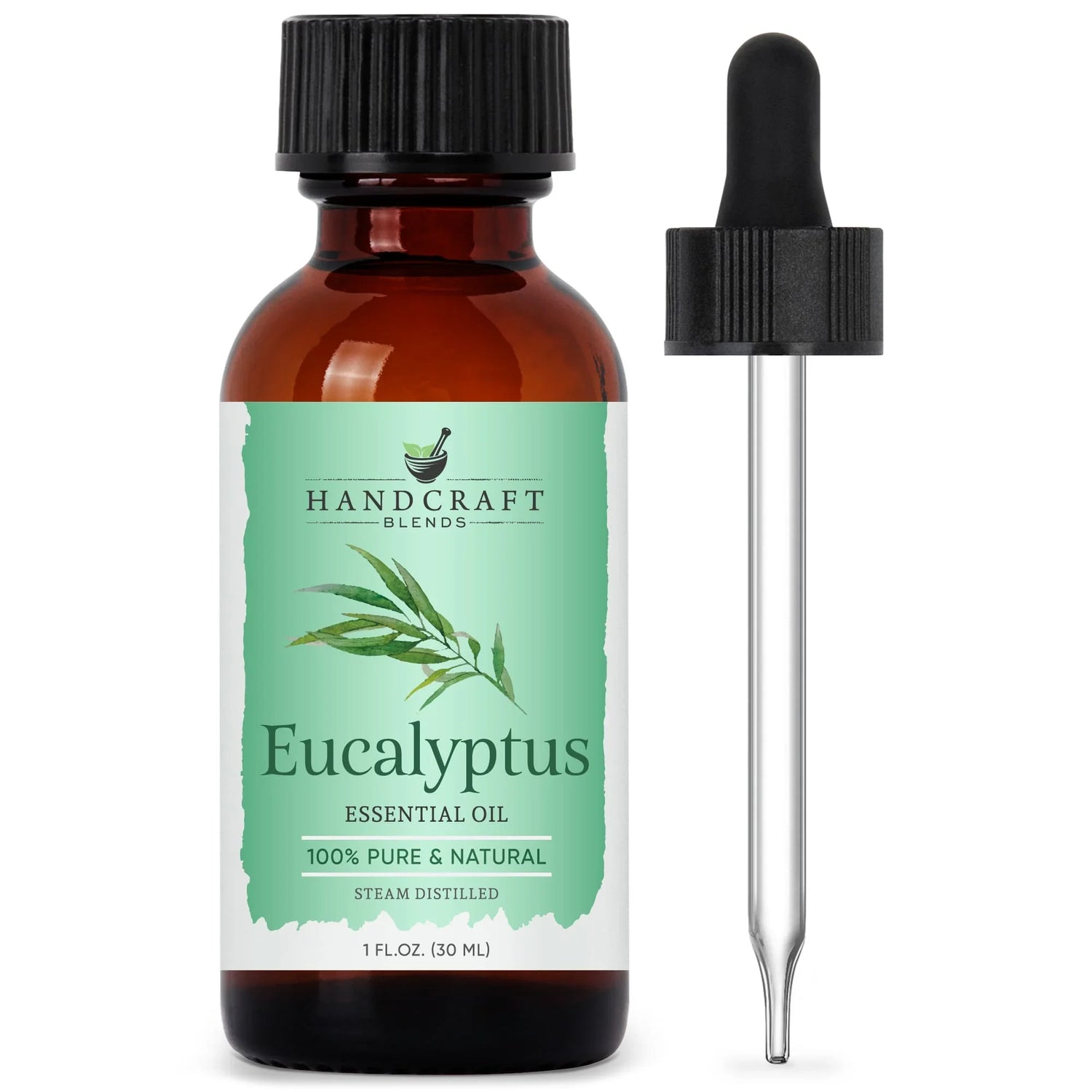 Amber glass bottle of eucalyptus essential oil with dropper, green herbal label, 1 oz size