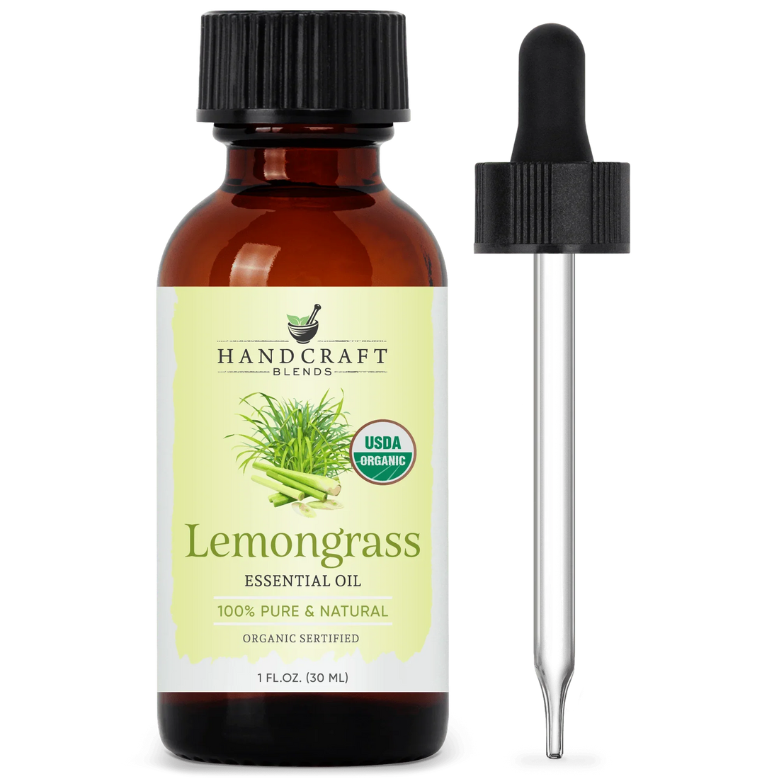 Amber glass bottle of lemongrass essential oil with dropper, USDA organic label visible.