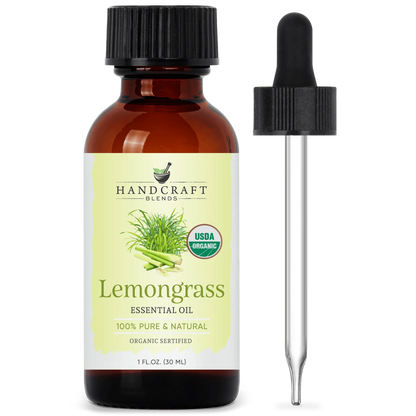 Amber glass bottle of lemongrass essential oil with dropper, USDA organic label visible.