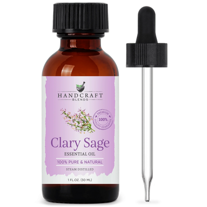 Clary sage essential oil bottle with dropper, 1oz, labeled 100% pure and natural, steam distilled.